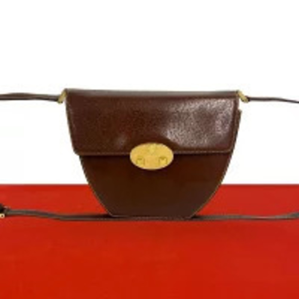 Gucci Crest Oval Lock Leather Flap Crossbody Bag Brown